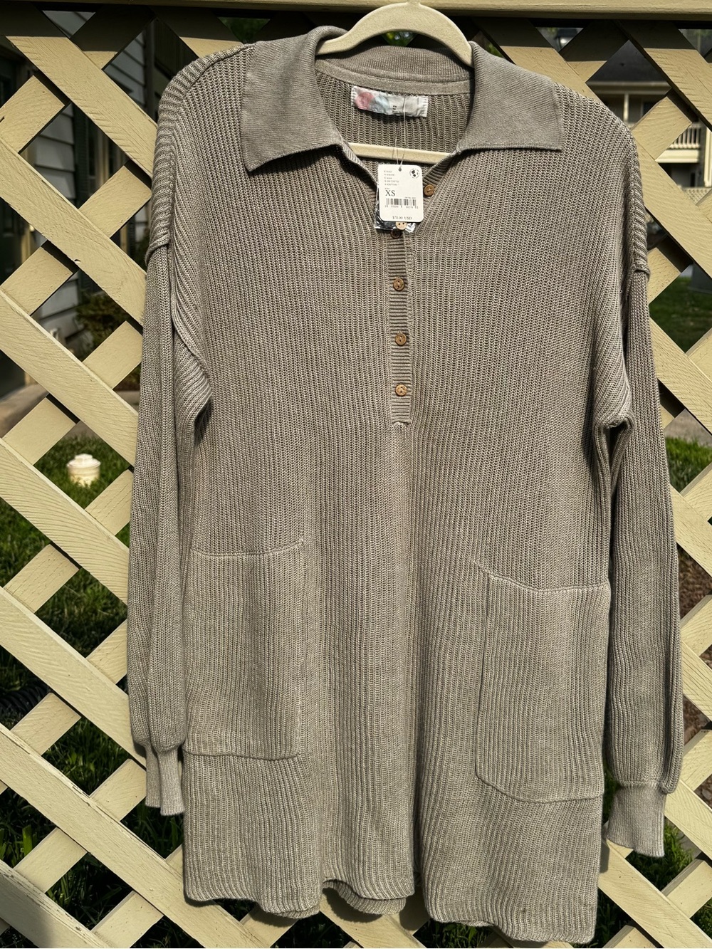 Free People Taupe Ribbed Collared Longline Cardigan